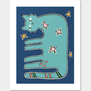 Star cat, Funny art print, Abstract art, Colorful print, Funny animals, Blue and turquoise print Posters and Art